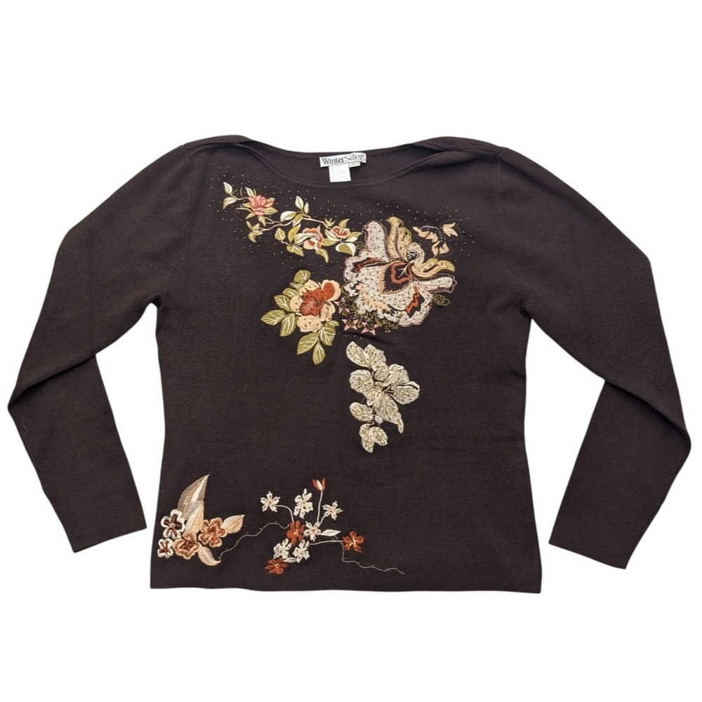 Y2K WinterSilks Floral Embroidered Silk Blend Sweater Women Large Beaded Top
